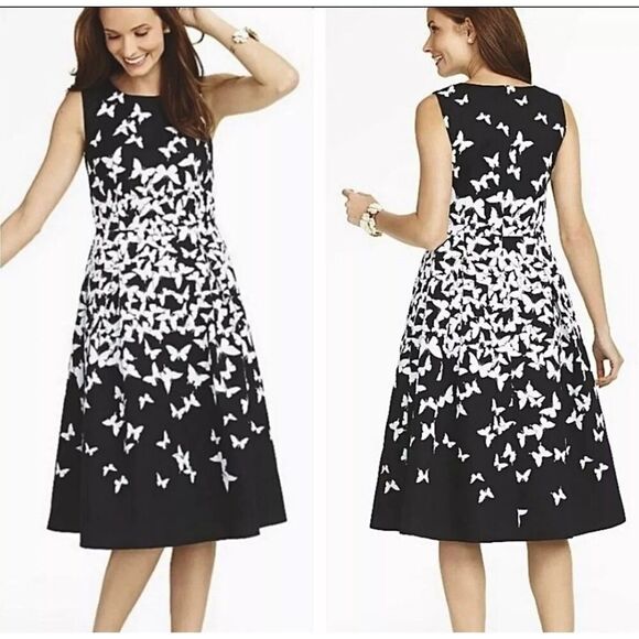 TALBOTS Butterfly Fit & Flare Dress Women 8 Black White Sleeveless Cotton Zip - Picture 1 of 11